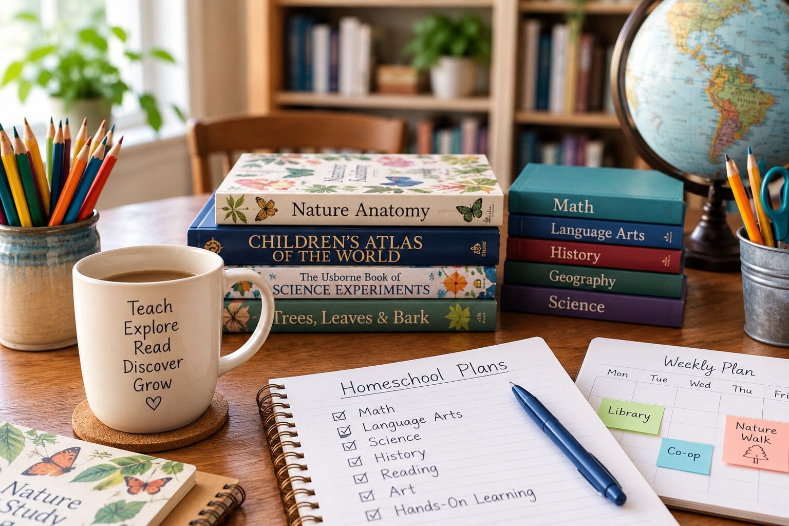 Homeschool books, supplies, and lesson planner arranged on a table