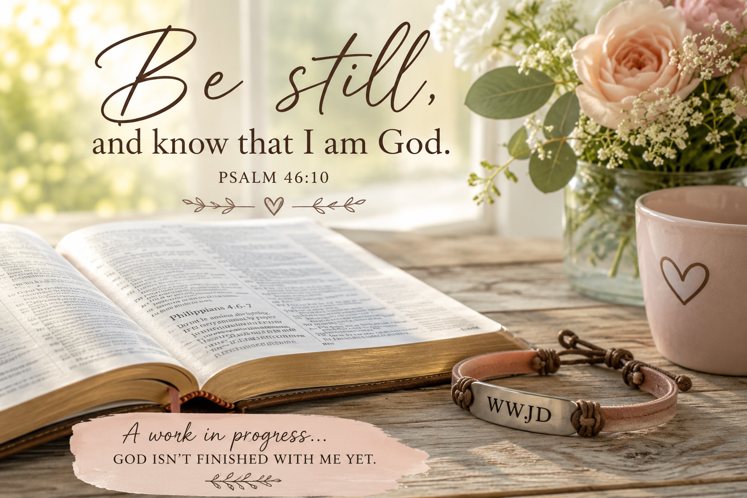 Open Bible, journal, WWJD bracelet in a peaceful setting